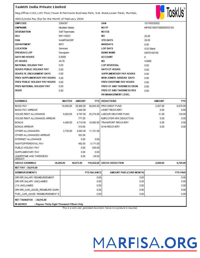 Blank TaskUS India payslip example